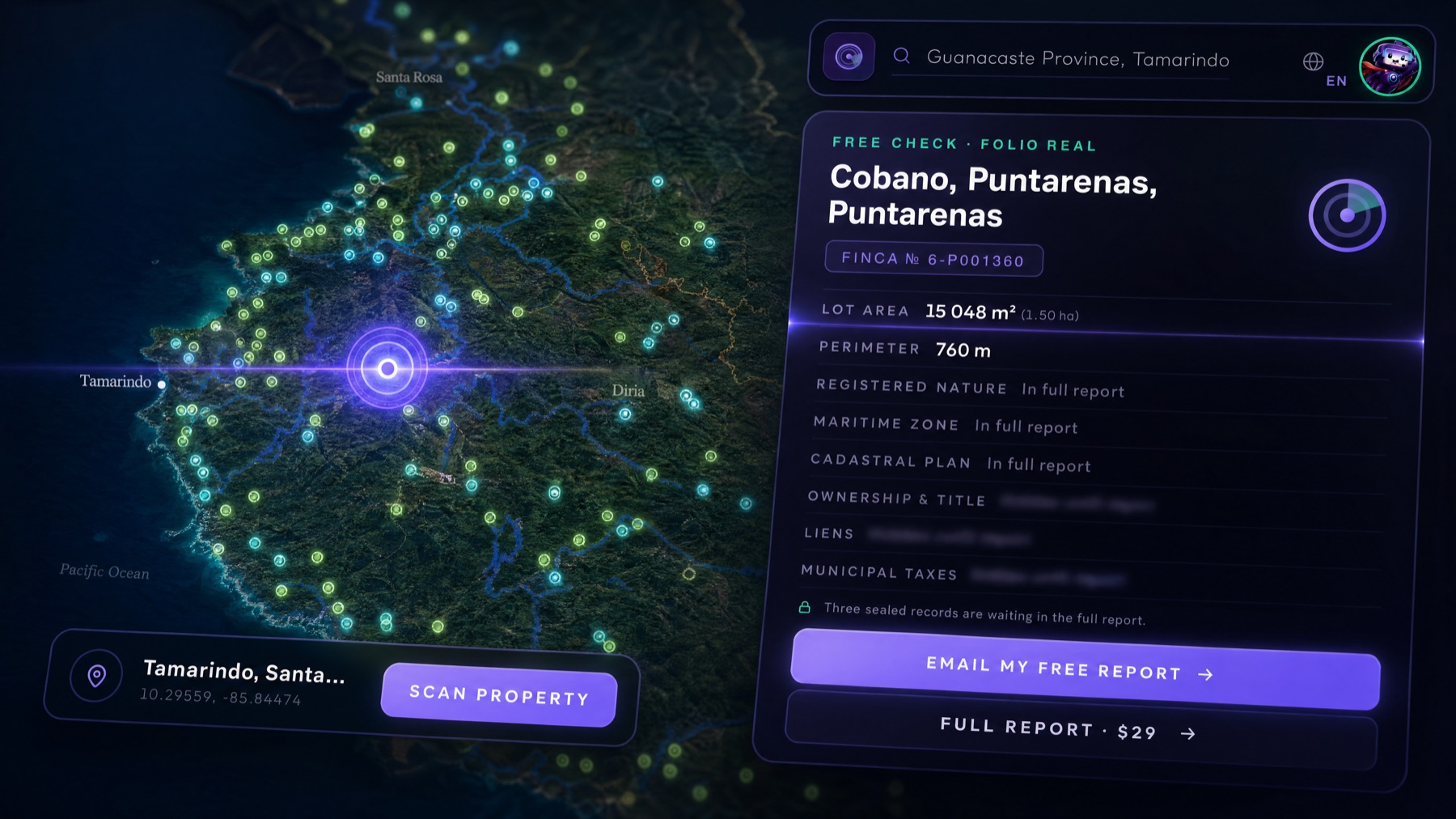 Folio free check showing the official record for a Costa Rica property