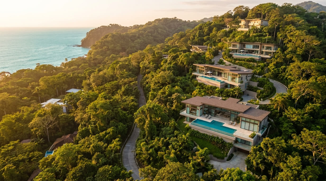 Aerial view of luxury homes above the turquoise Costa Rica coast