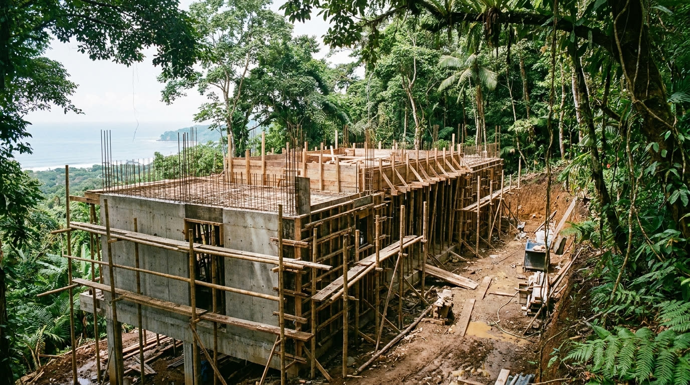 A modern house under construction on a Costa Rica jungle hillside