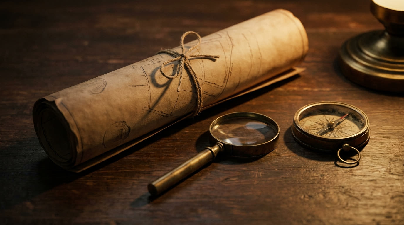A cadastral survey map, magnifying glass and brass compass on a desk