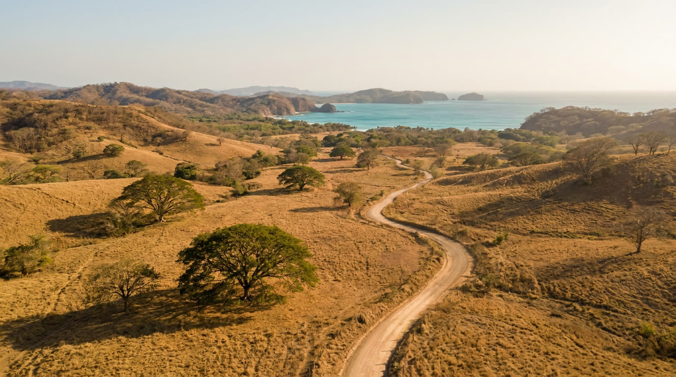 Dry-season savanna with guanacaste trees and a distant Pacific bay, Guanacaste, Costa Rica