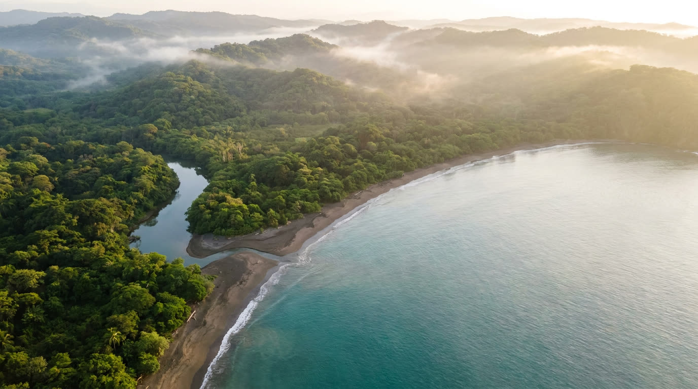 Jungle-backed beach and river mouth on the Pacific coast near Nosara, Guanacaste, Costa Rica