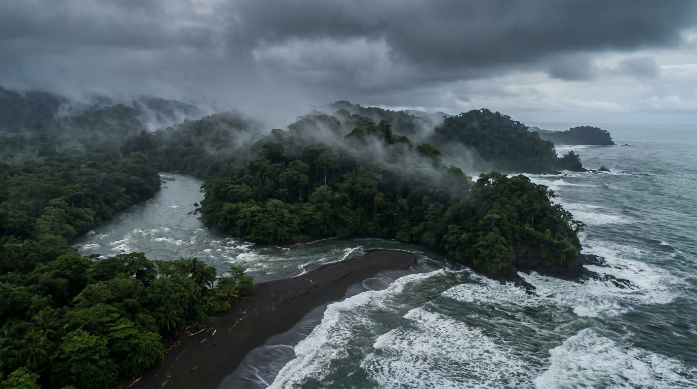 Misty rainforest meeting a wild shoreline in Costa Rica's South Pacific, the Osa and Golfito region