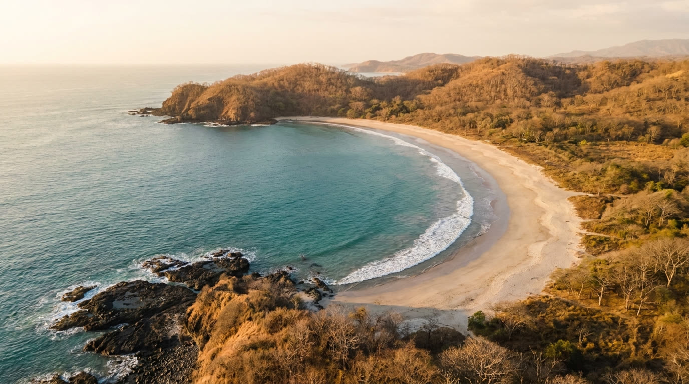 Wide sandy Pacific bay and dry-forest hills near Tamarindo, Guanacaste, Costa Rica