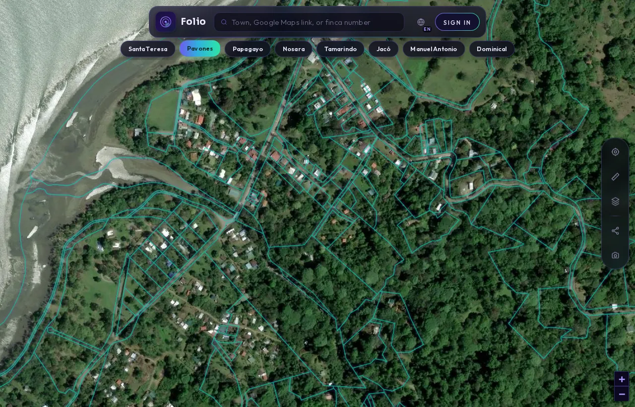 Pavones in the Folio app: satellite map with every registered parcel outlined