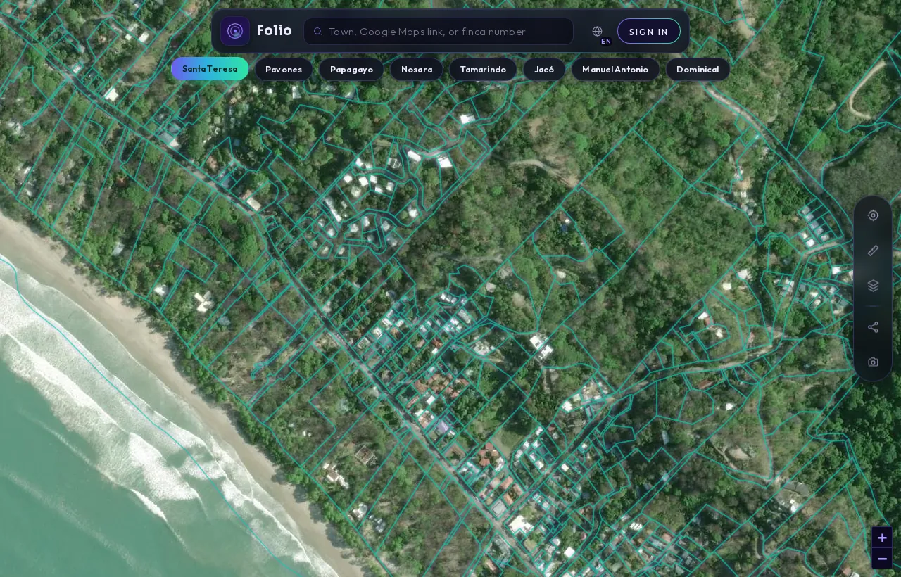 Santa Teresa in the Folio app: satellite map with every registered parcel outlined