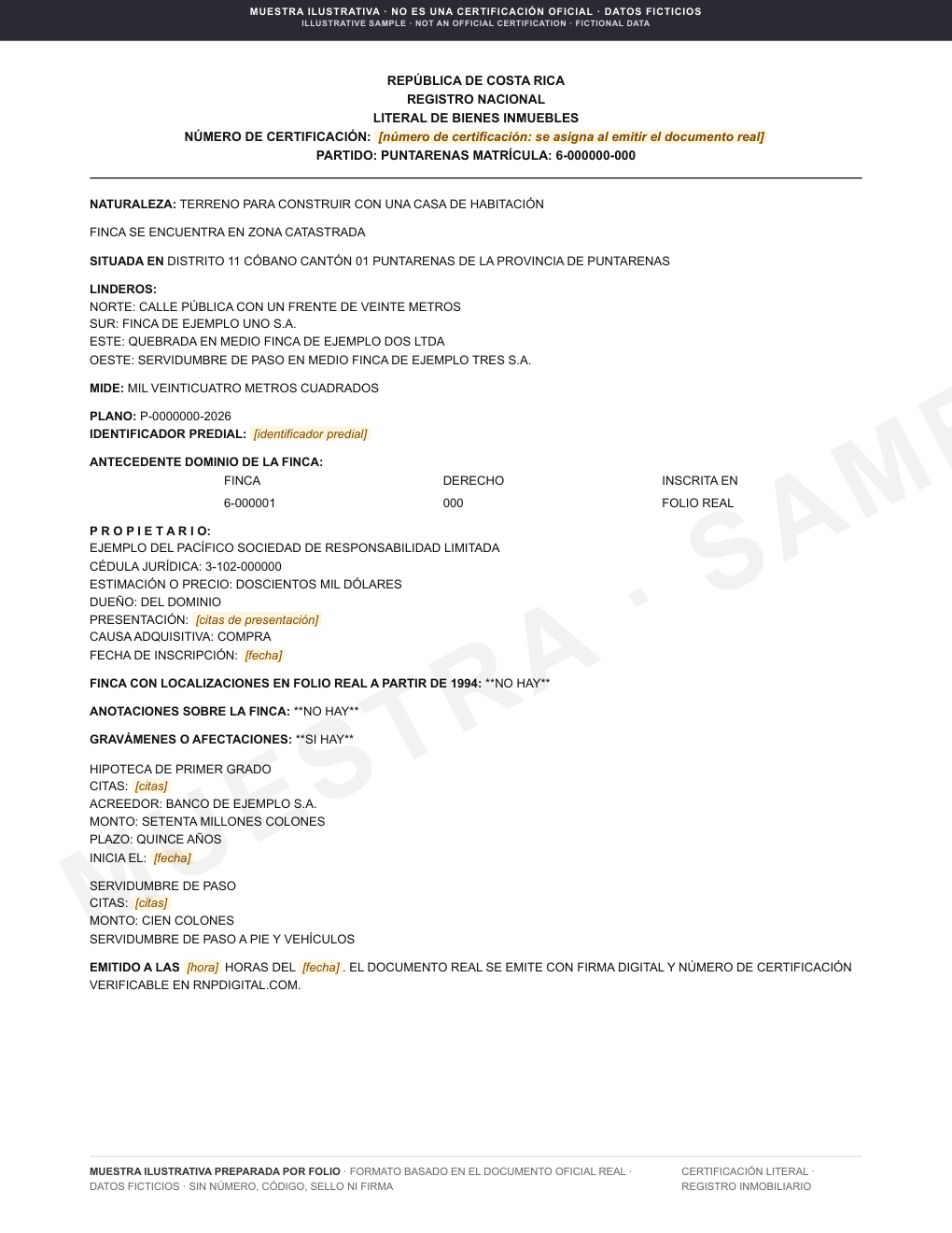 Illustrative sample of a Registro Nacional title certificate