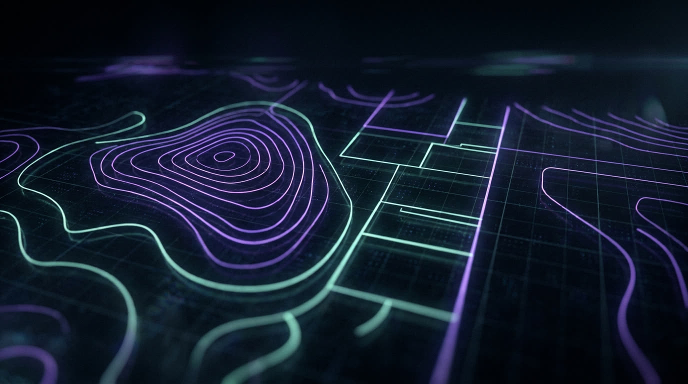 Contour lines and cadastral grid, the output a topographic survey feeds